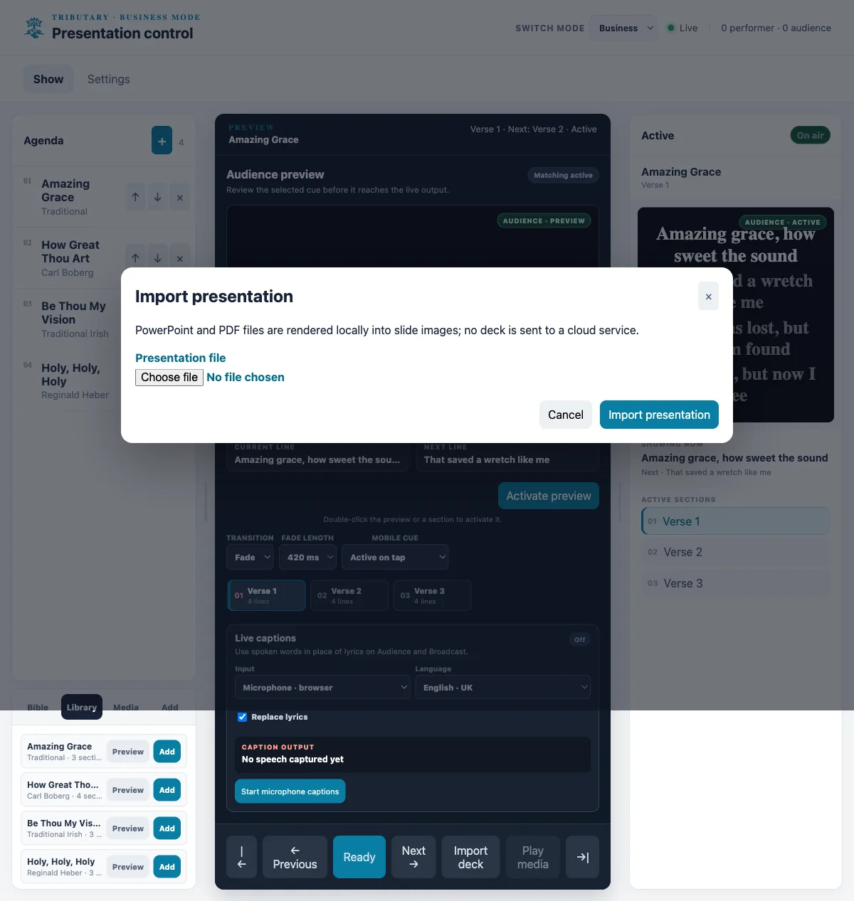 Business mode presentation import dialog over the live controller