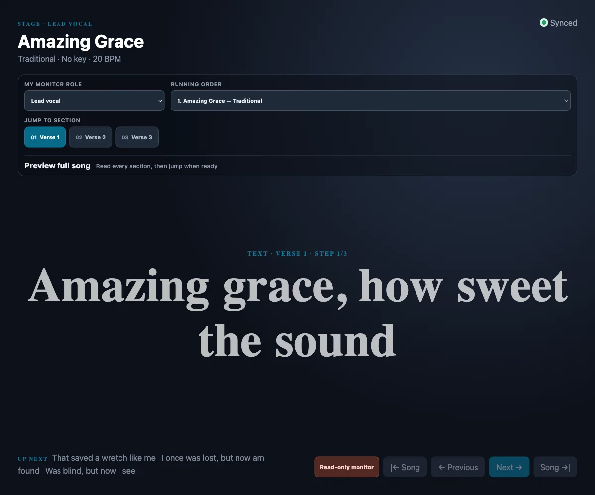 Stage performer monitor with running order, section jumps, and lyrics